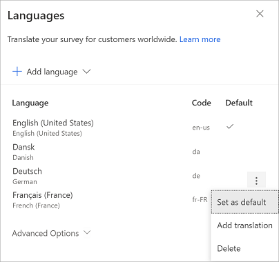 Die Standardsprache der Umfrage ändern.