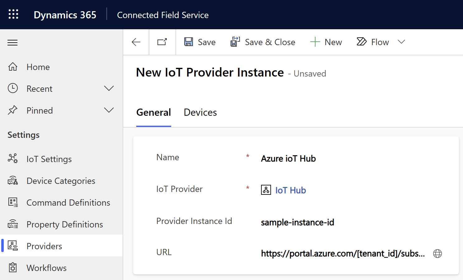 Screenshot einer neuen IoT-Hub-Anbieterinstanz mit Beispieldaten.