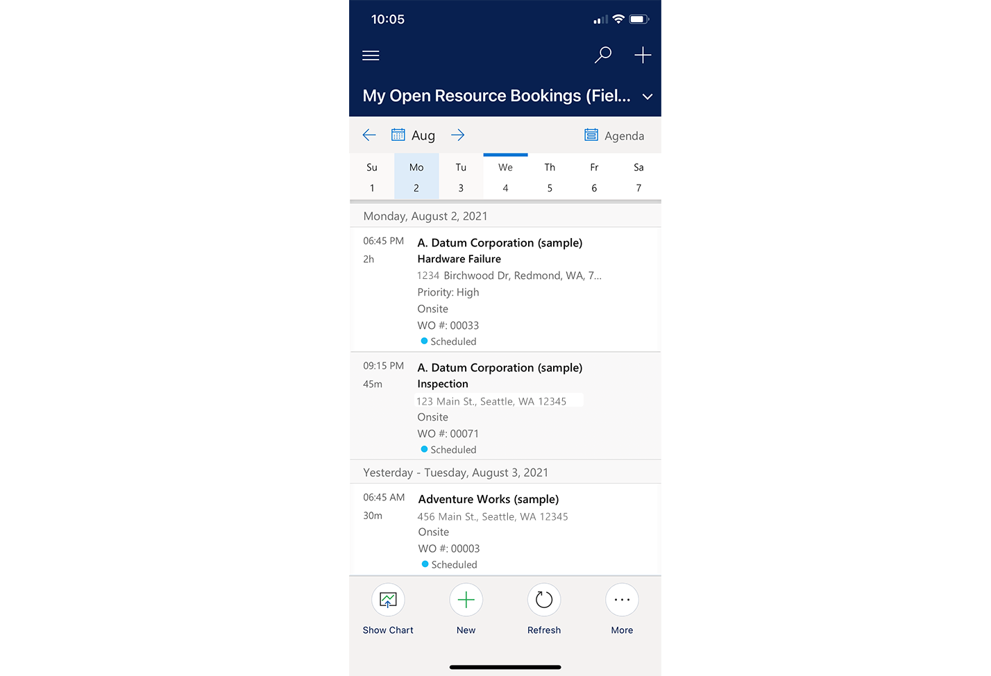 Field Service mobile App mit einer benutzerdefinierten Kalenderansicht.