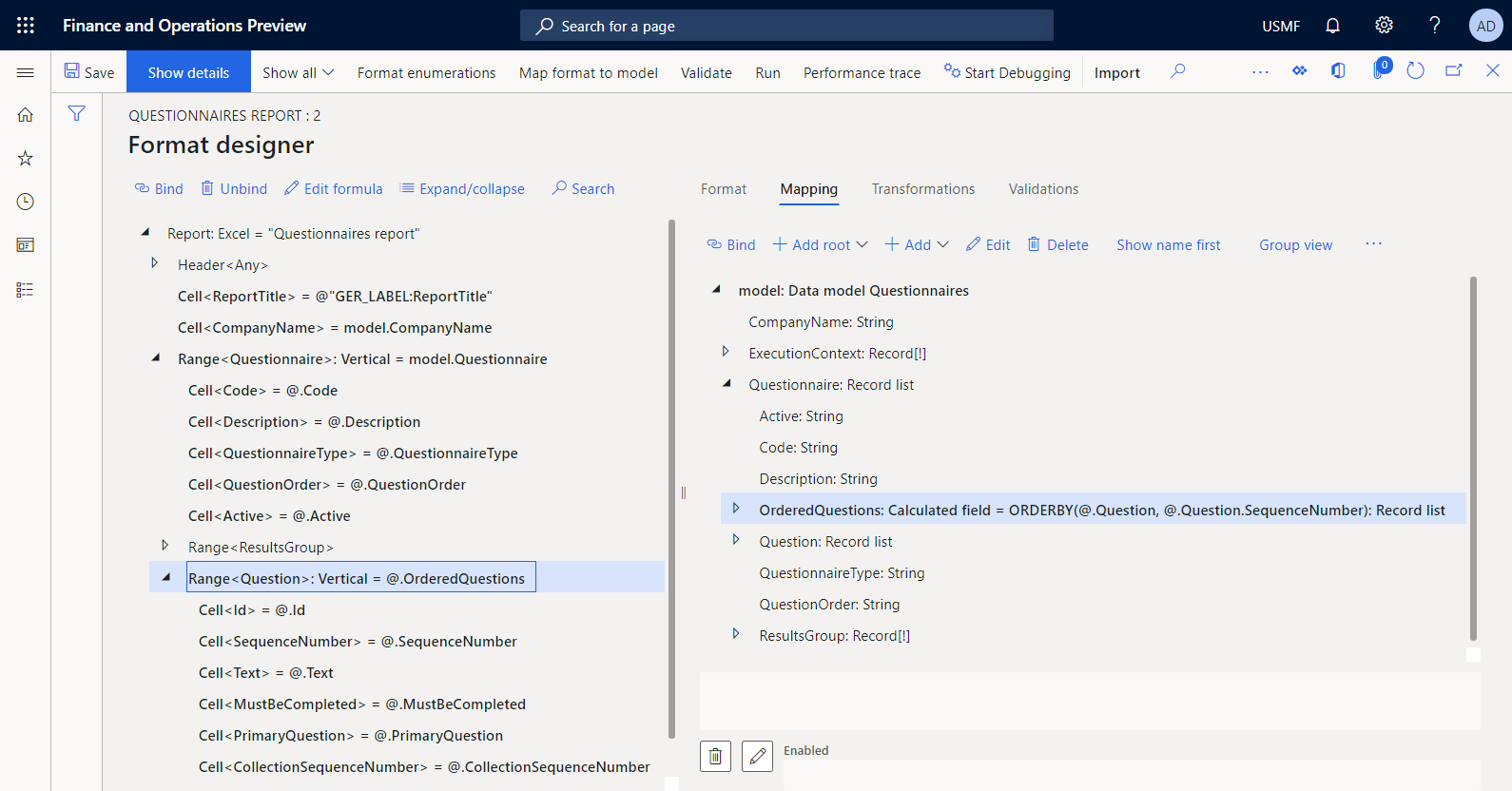 Binden des Fragenformatelements an die konfigurierte OrderedQuestions-Datenquelle im EB Operation Designer.