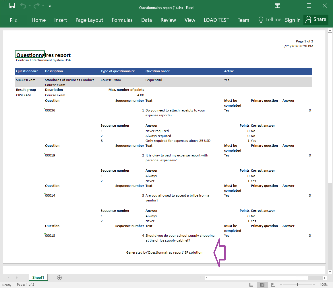 Generierter Bericht im Excel-Format.