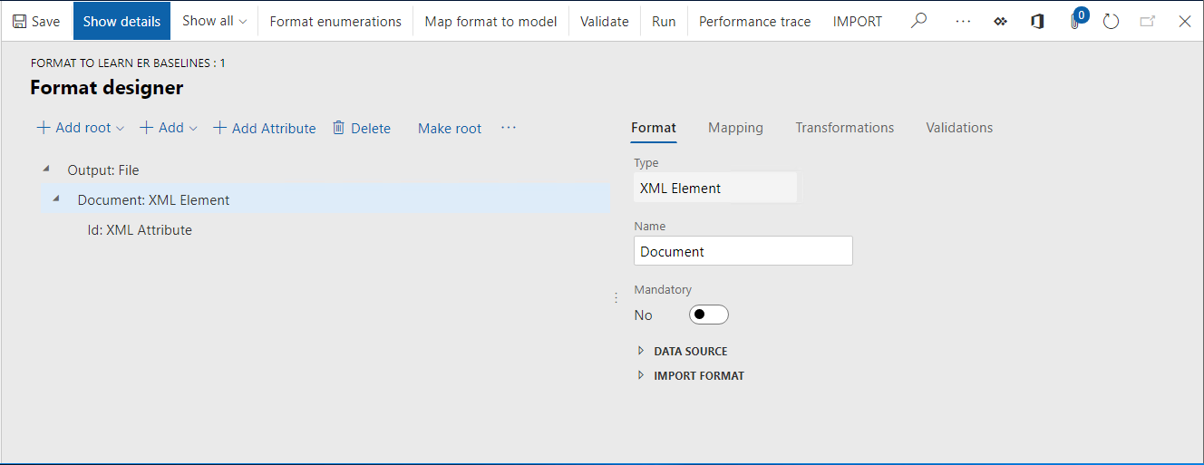 Formatdesignerseite, XML-Attribut im Baum ausgewählt.