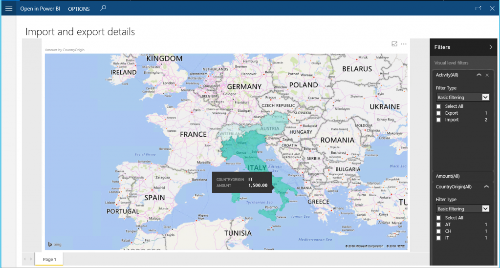 Import- und Export-Detailbericht entworfen in Power BI.