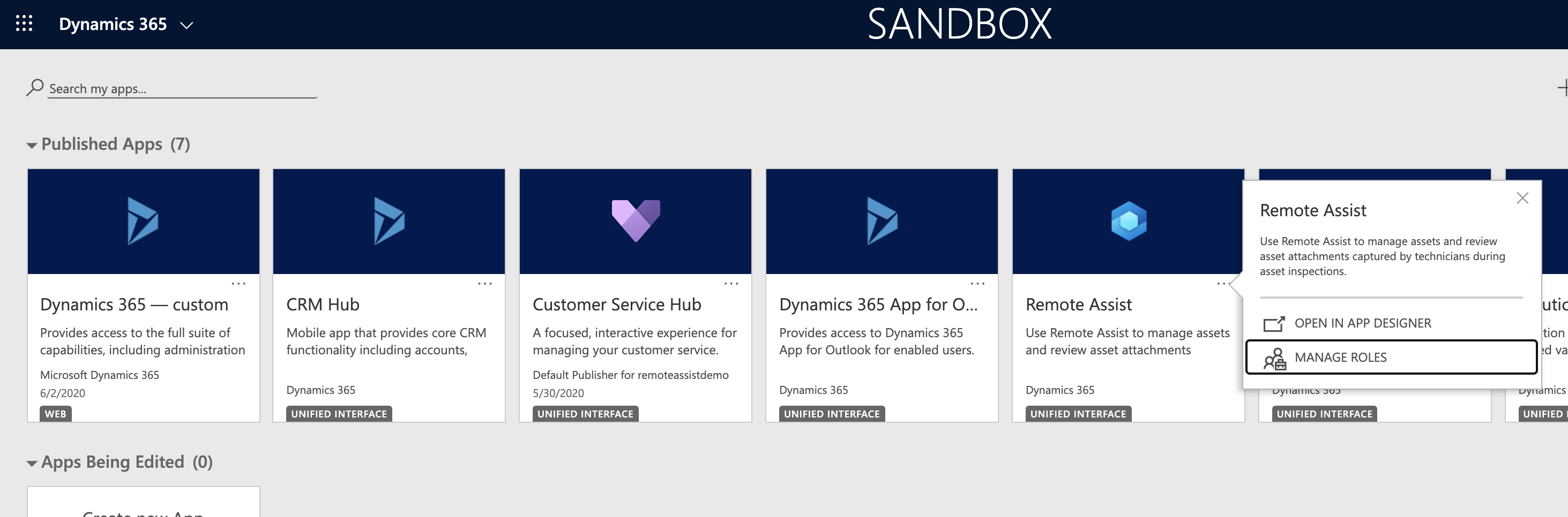 Screenshot der Dynamics 365-Rollenverwaltung im App-Menü