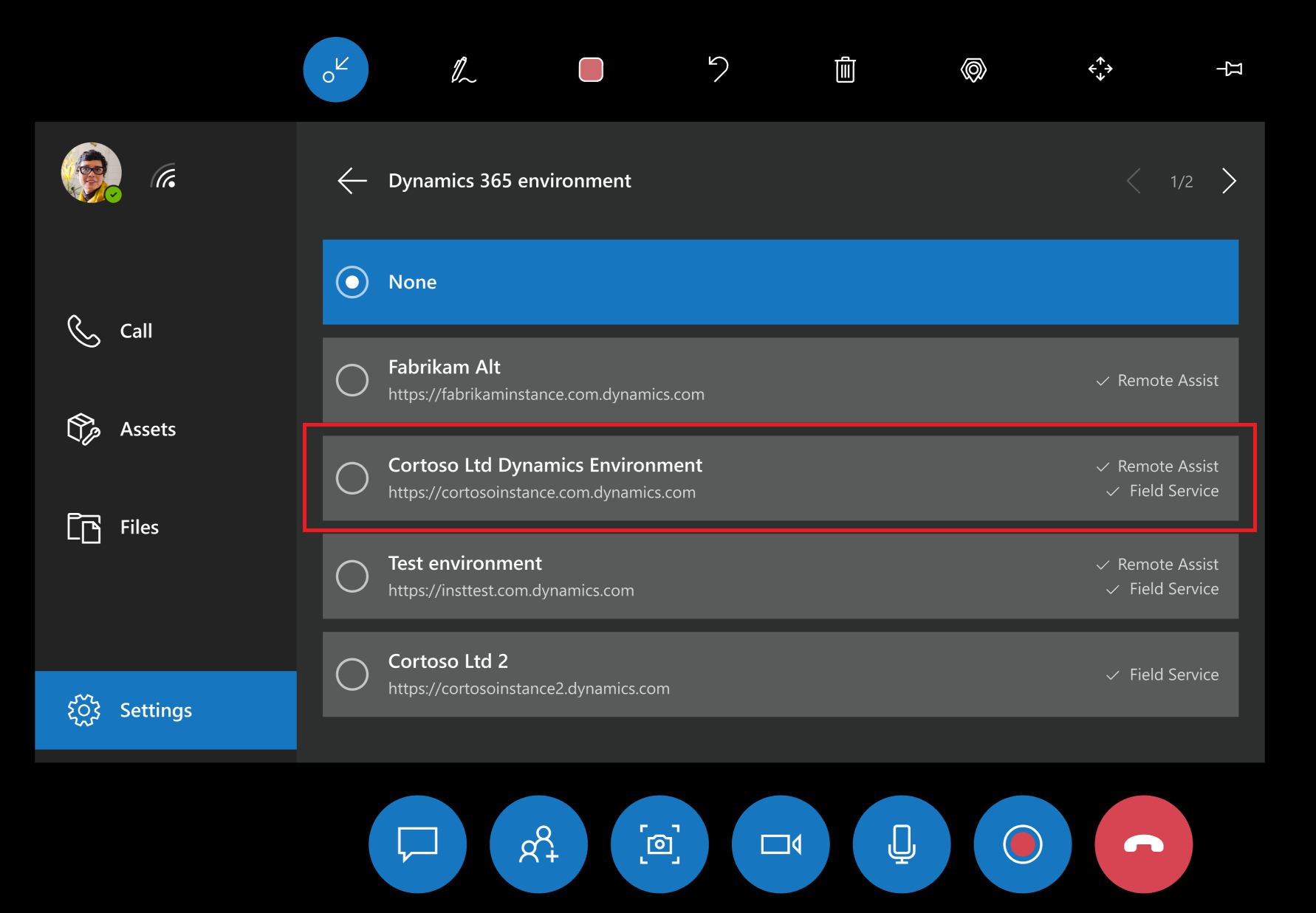 Liste der Umgebungen im Remote Assist-Einstellungsmenü auf der HoloLens.