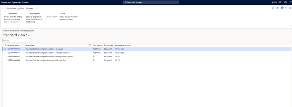 Projekte auf der Seite der Festpreis-Umsatzschätzungsprojekte in Dynamics 365 Finance.