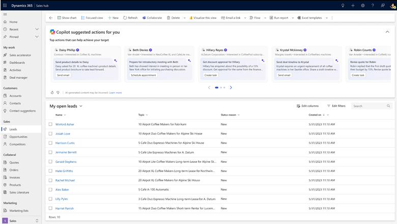 Von Agents ausgewählte nächstbeste Aktionen zum Aufbau einer qualifizierten Pipeline, angezeigt im Leads-Raster in Dynamics 365