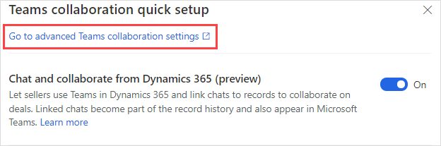 Link zu den erweiterten Einstellungen im Schnelleinrichtungsbereich für Teams-Kollaboration.
