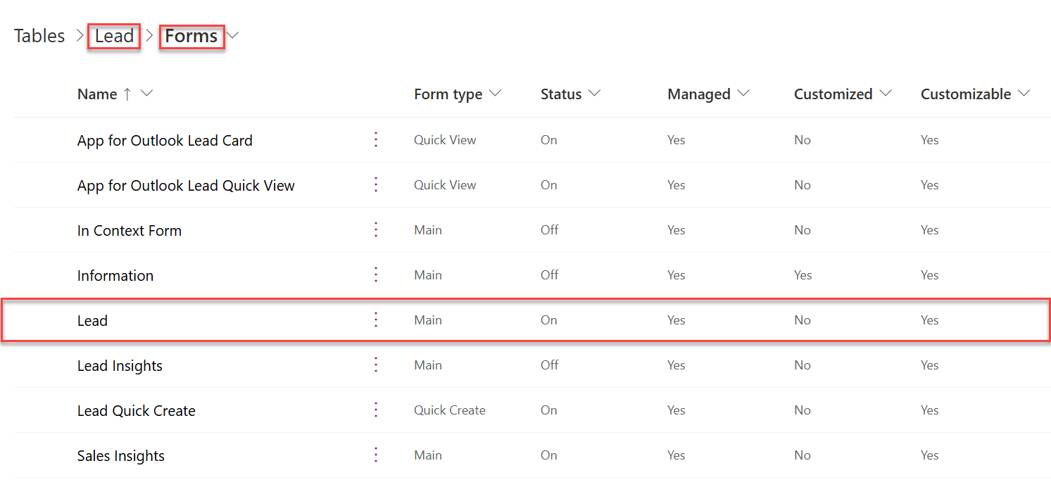 Screenshot der Auswahl des Lead-Hauptformulars auf der Registerkarte „Formulare“ der Lead-Tabelle.