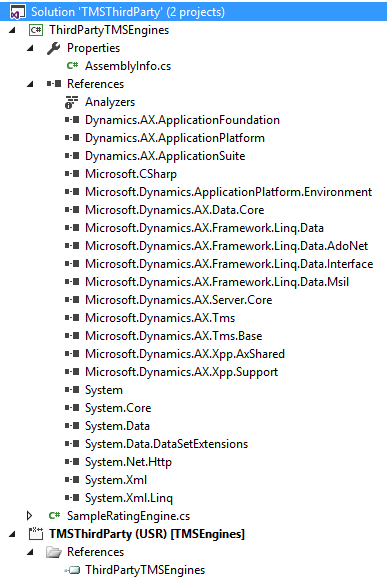 The solution, which includes a reference to the TMSThirdParty project.