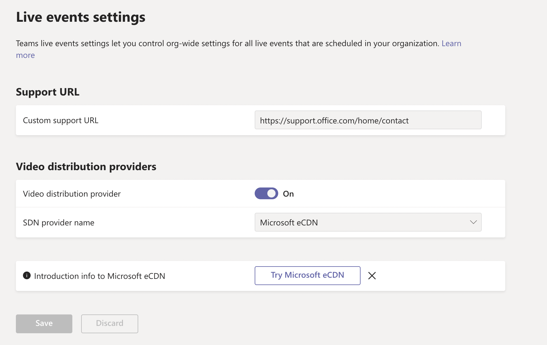 Abbildung der Konfiguration von Microsoft eCDN im Teams Admin Center.