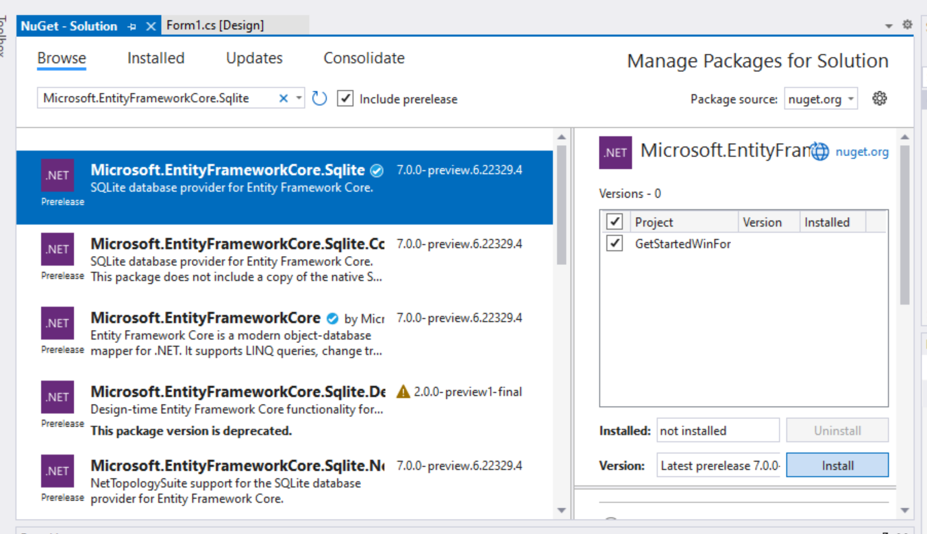 Installieren des Pakets „Microsoft.EntityFrameworkCore.Sqlite“