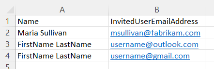 Screenshot: Spalten „Name“ und „InvitedUserEmailAddress“ der CSV-Datei.