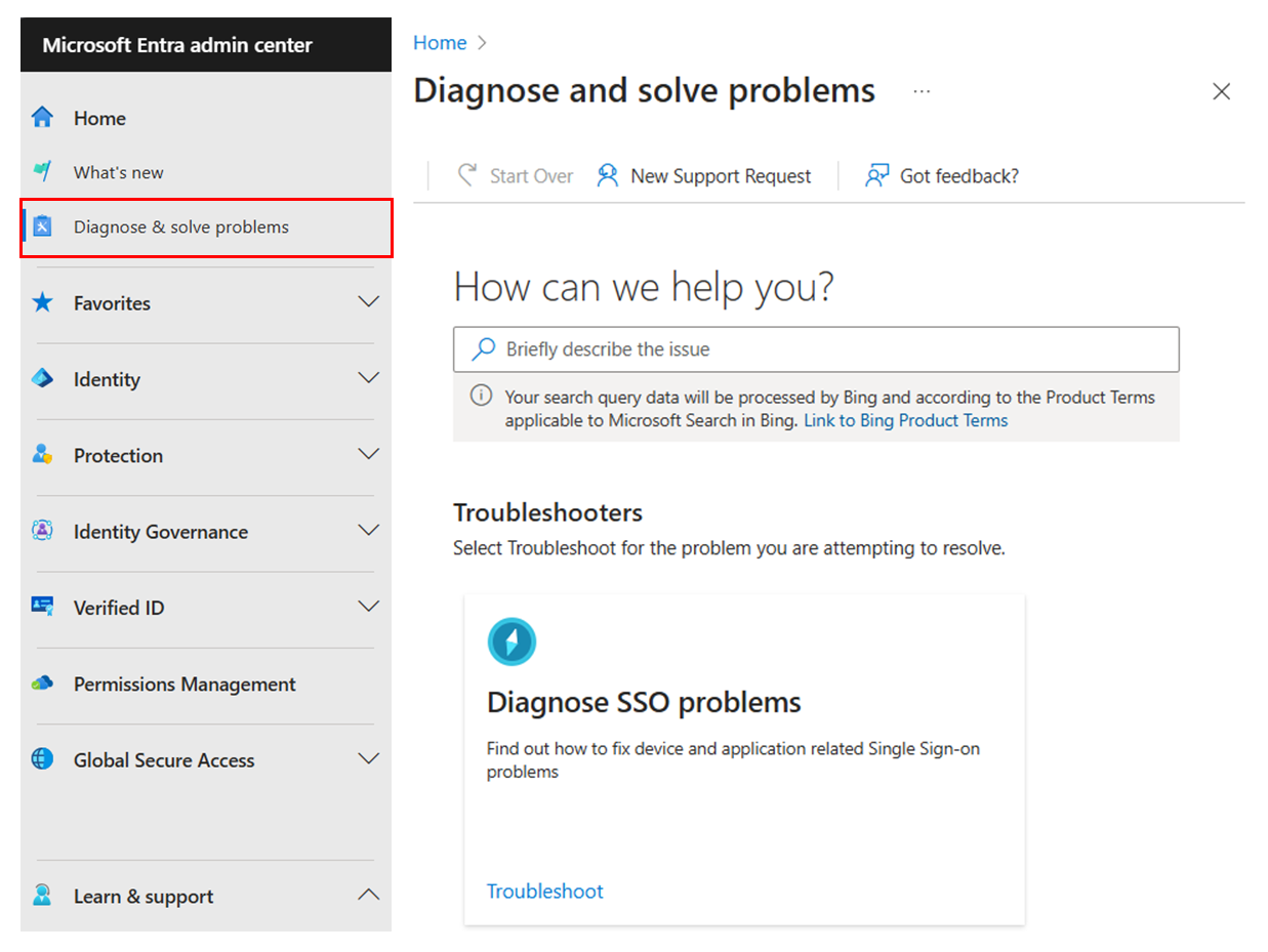 Screenshot des Menüs „Diagnostizieren und Lösen von Problemen“ im Microsoft Entra Admin Center