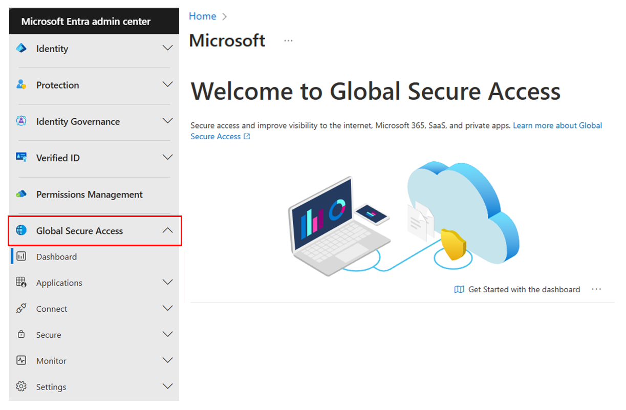 Screenshot des Menüs „Globaler sicherer Zugriff“ im Microsoft Entra Admin Center.