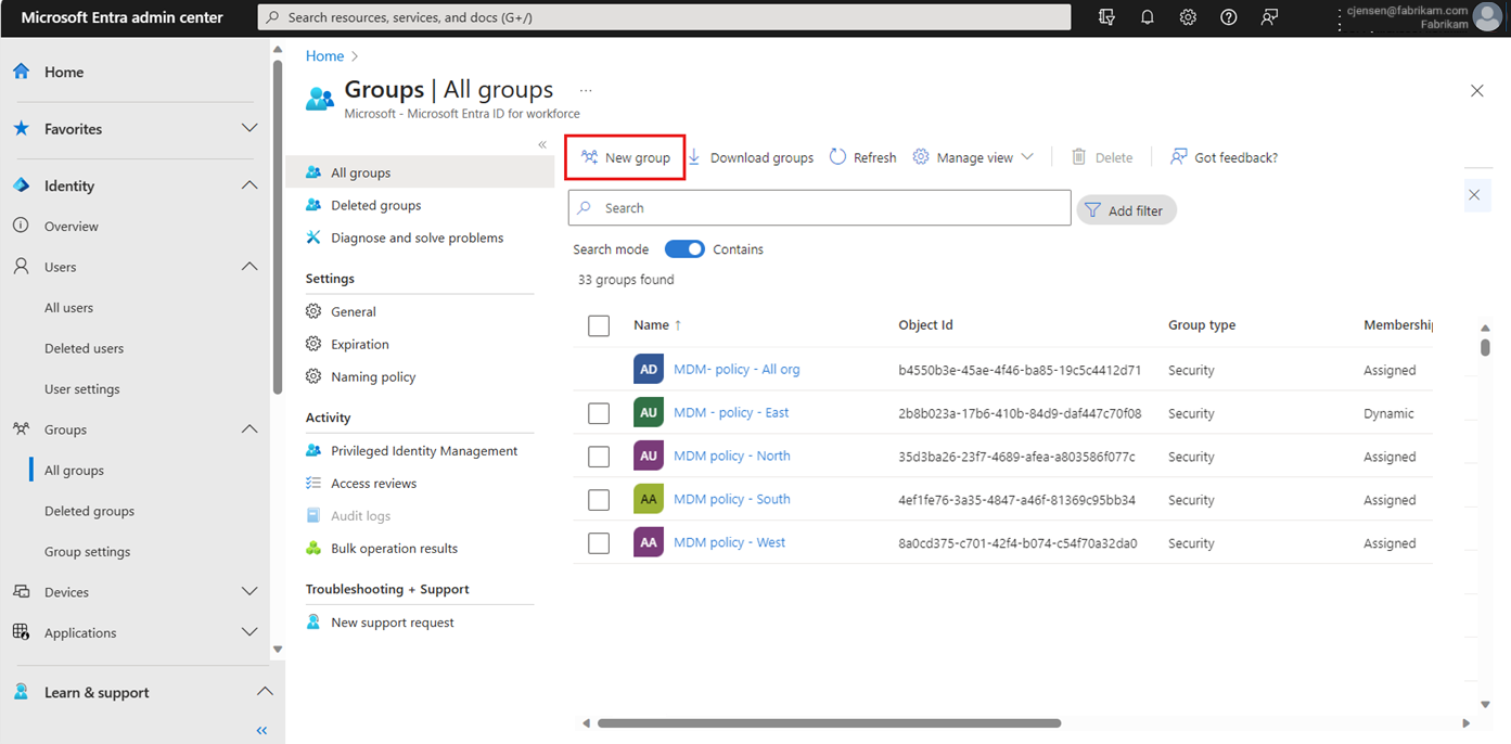 Screenshot der Seite „Microsoft Entra-Gruppen“ mit hervorgehobener Option „Neue Gruppe“.