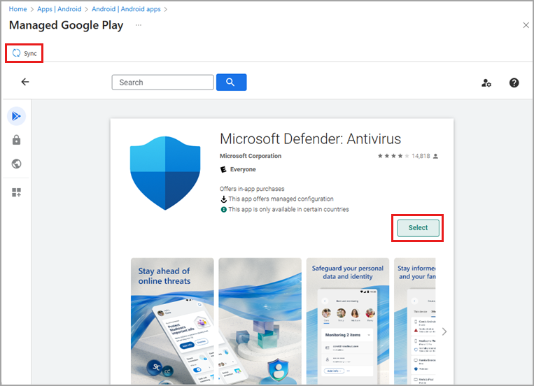 Screenshot der Defender-App-Details mit hervorgehobener Schaltfläche „Synchronisieren“.