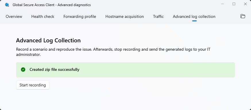 Screenshot, der das Dialogfeld „Client für den globalen sicheren Zugriff – Erweiterte Diagnose“ auf der Registerkarte „Erweiterte Protokollsammlung“ zeigt.