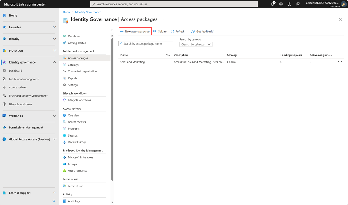 Screenshot zeigt die Schaltfläche zum Erstellen eines neuen Zugriffspakets im Microsoft Entra Admin Center.