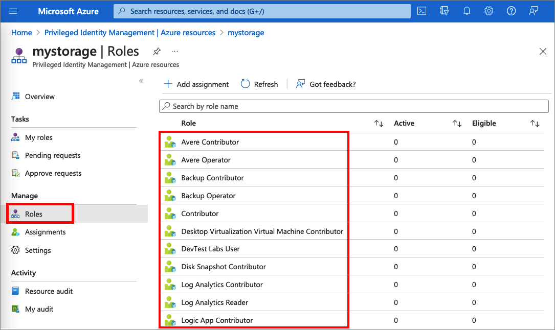 Screenshot: Rollen eines Azure Storage-Kontos