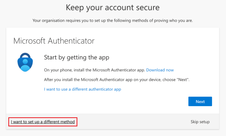 Screenshot: Auswählen einer anderen Methode beim Einrichten von Microsoft Authenticator.