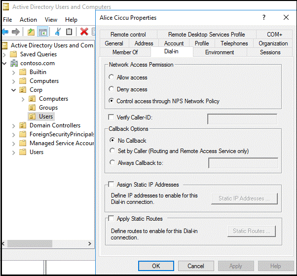 Registerkarte „Einwählen“ in den Benutzereigenschaften von „Active Directory-Benutzer und-Computer“