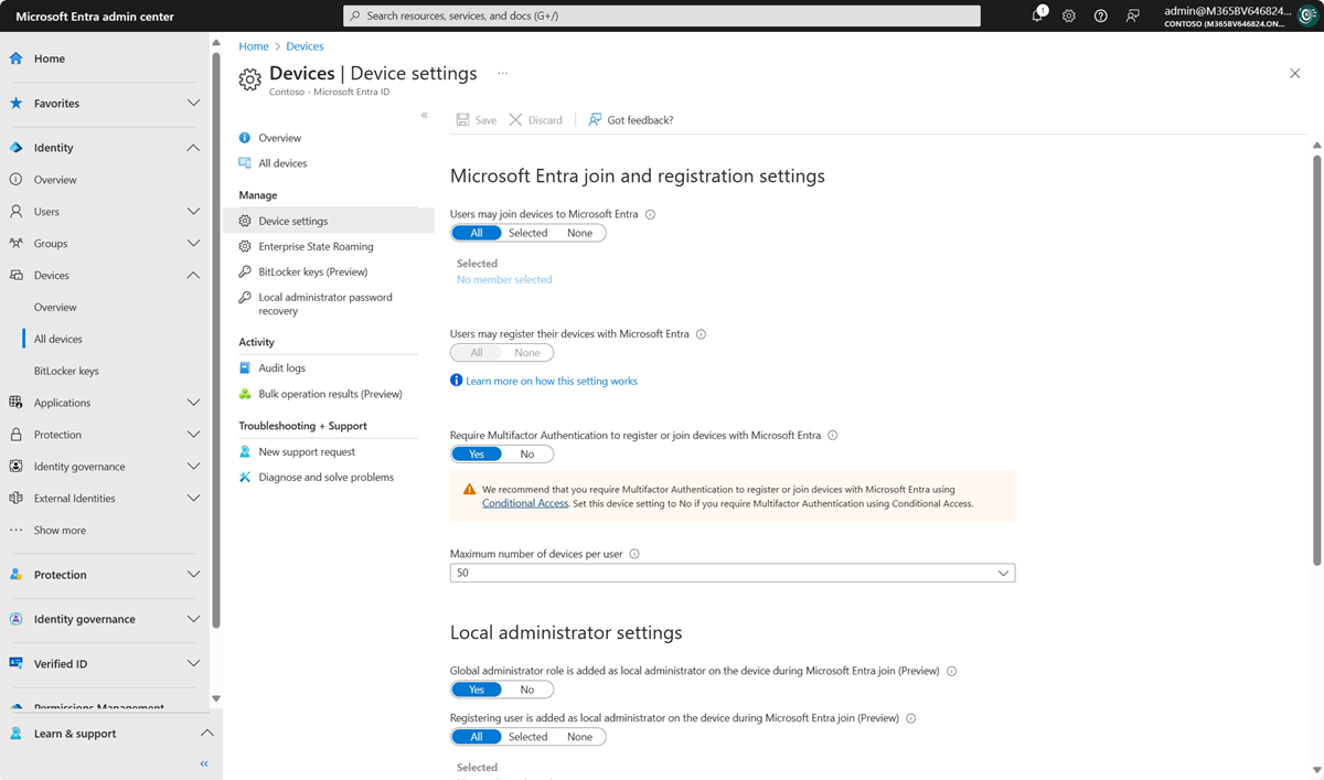 Screenshot: Geräteeinstellungen im Zusammenhang mit Microsoft Entra ID