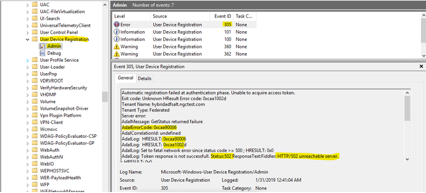 Screenshot: Ereignisanzeige mit ausgewählter Ereignis-ID 305, den zugehörigen Informationen sowie den ADAL-Fehlercodes und dem Status, die hervorgehoben sind.