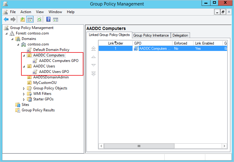 Auf die standardmäßigen Container „AADDC-Computer“ und „AADDC-Benutzer“ angewandte integrierte GPOs