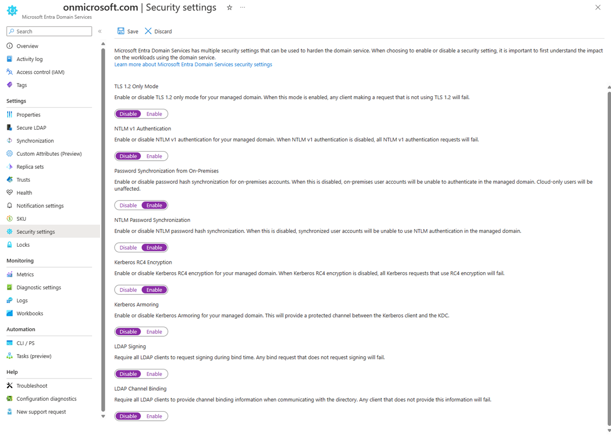 Screenshot der Sicherheitseinstellungen zum Deaktivieren schwacher Verschlüsselungen und der NTLM-Kennworthashsynchronisierung