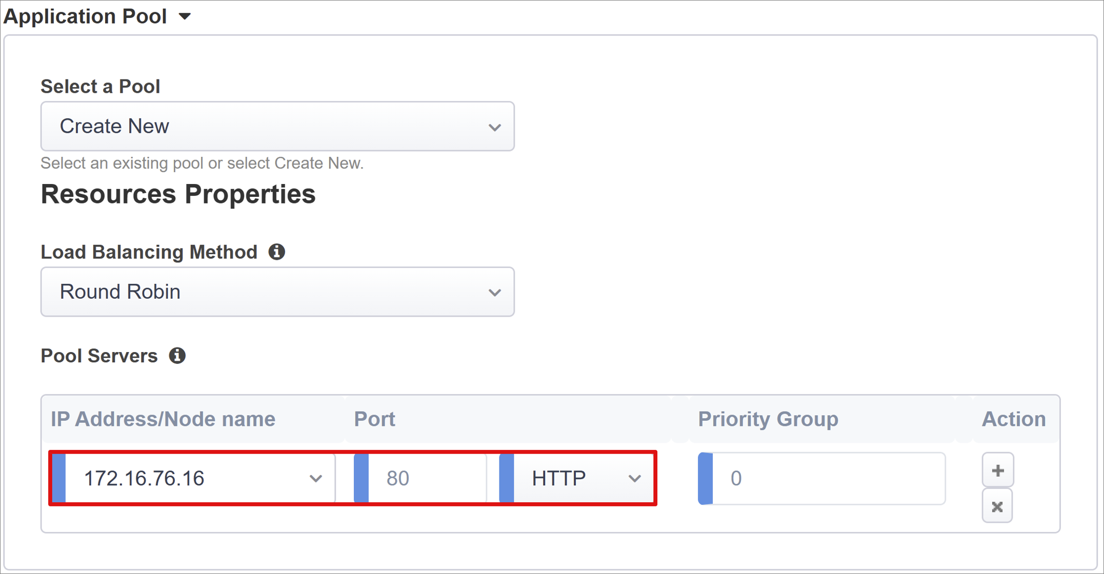 Screenshot der Optionen „IP-Adresse/Knotenname“ und „Port“ in den Pooleigenschaften.