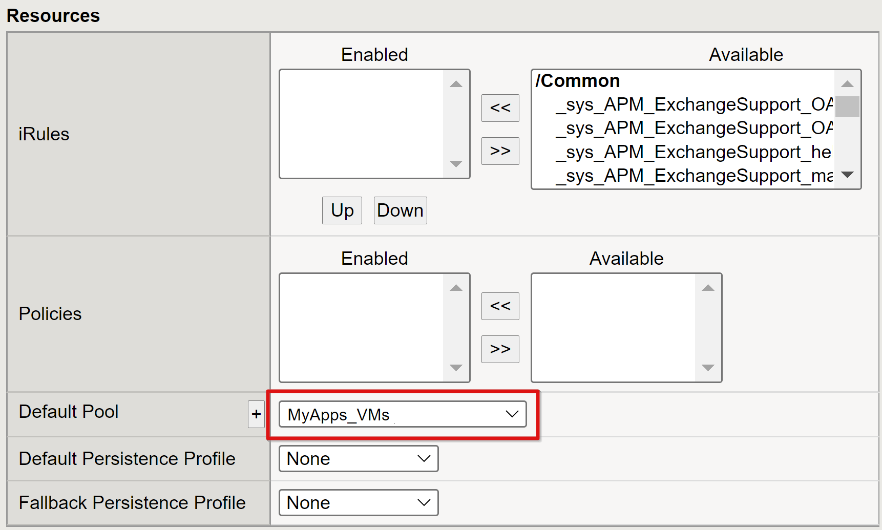 Screenshot des Eintrags „Standardpool“ für Ressourcen.