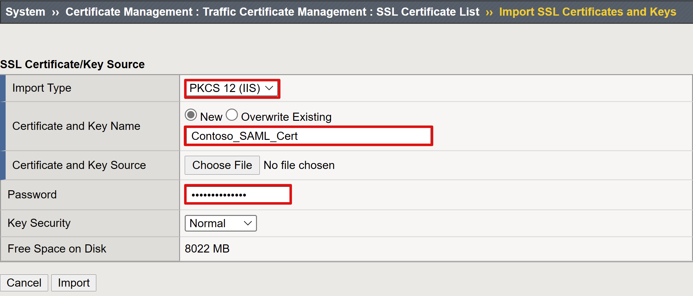 Screenshot der Optionen und ausgewählten Angaben für SSL-Zertifikat und Schlüsselquelle.