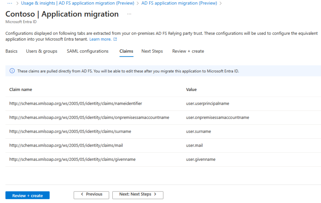 Screenshot der Registerkarte der Anspruchskonfigurationen für die AD FS-Anwendungsmigration.