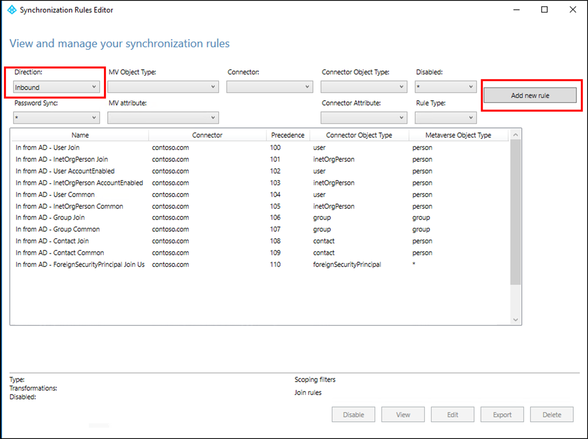 Screenshot: Fenster „Synchronisationsregeln anzeigen und verwalten“ mit Hervorhebung der Option „Eingehend“ und der Schaltfläche „Neue Regel hinzufügen“.