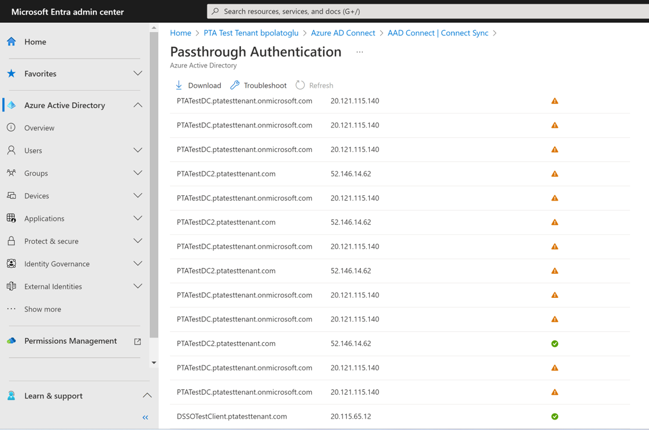 Screenshot, der den Bereich „Passthrough-Authentifizierung“ im Entra Admin Center anzeigt.