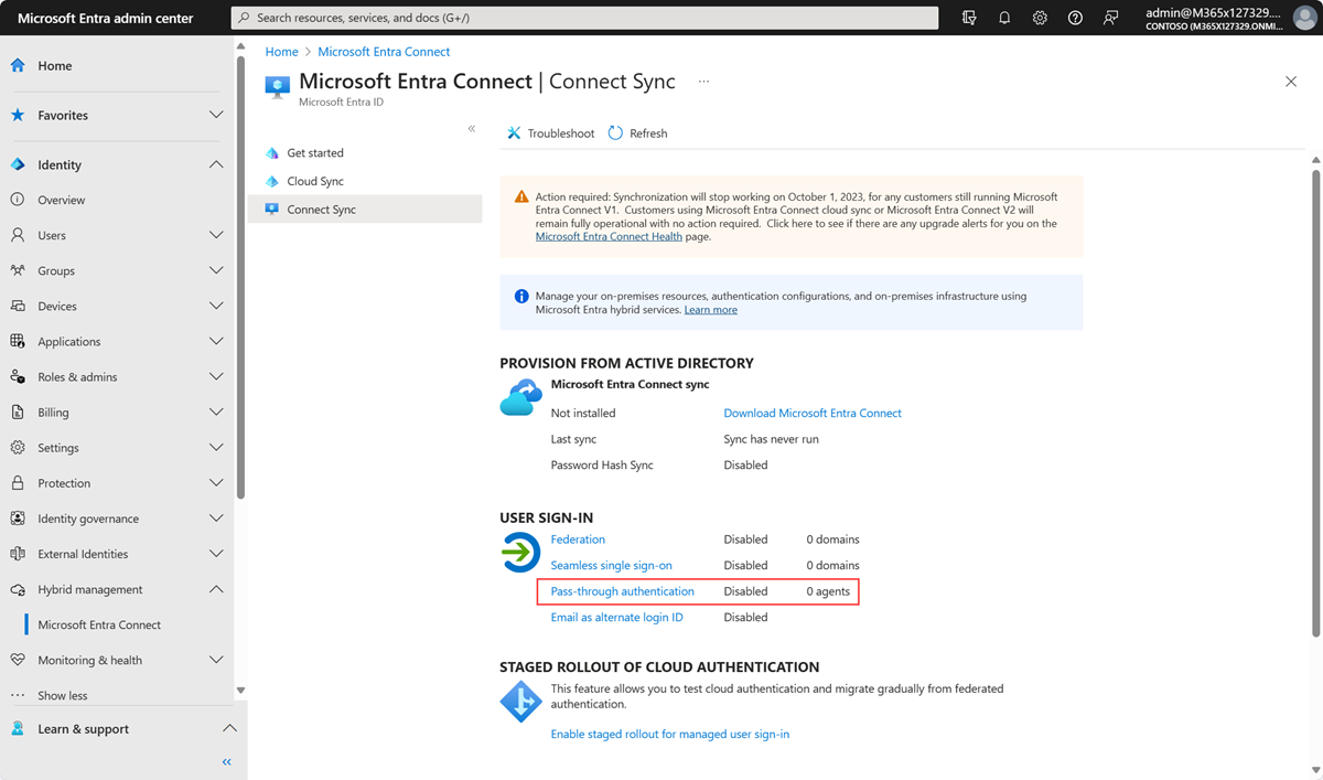 Screenshot, der das Blatt „Microsoft Entra Connect“ im Microsoft Entra Admin Center anzeigt.