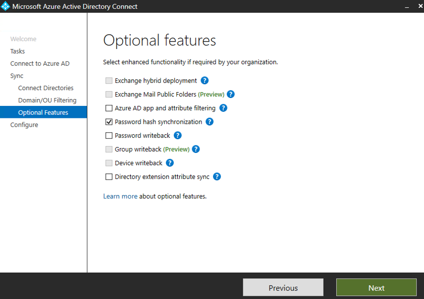 Screenshot: Bereich „Optionale Features“ mit ausgewählter Option „Kennworthashsynchronisierung“