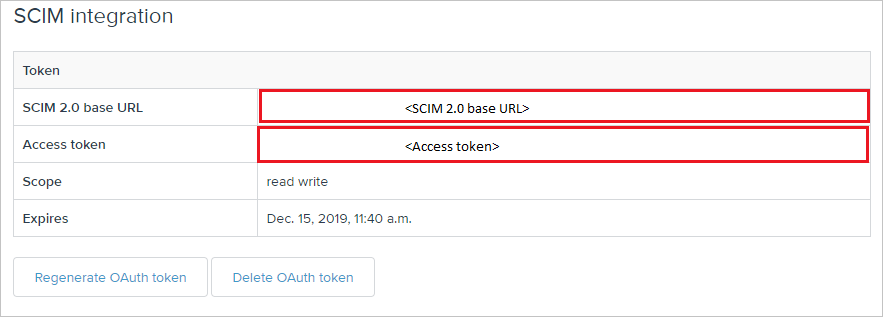 Screenshot der Seite „SCIM integrations“. In der Tabelle „Token“ sind die Werte neben „SCIM 2.0 base URL“ (SCIM 2.0-Basis-URL) und „Access token“ (Zugriffstoken) hervorgehoben.