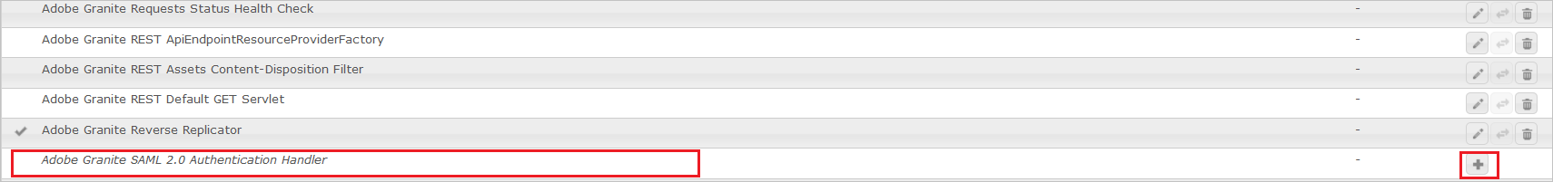 Screenshot, in dem „Adobe Granite SAML 2.0 Authentication Handler“ hervorgehoben ist