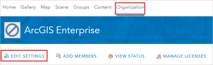 Screenshot: Registerkarte „Organisation“ für ArcGIS Enterprise mit hervorgehobener Option „Einstellungen bearbeiten“