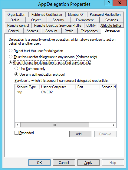 Screenshot der Citrix ADC SAML Connector for Microsoft Entra-Konfiguration: Registerkarte „Delegierung“ im Eigenschaftenbereich.