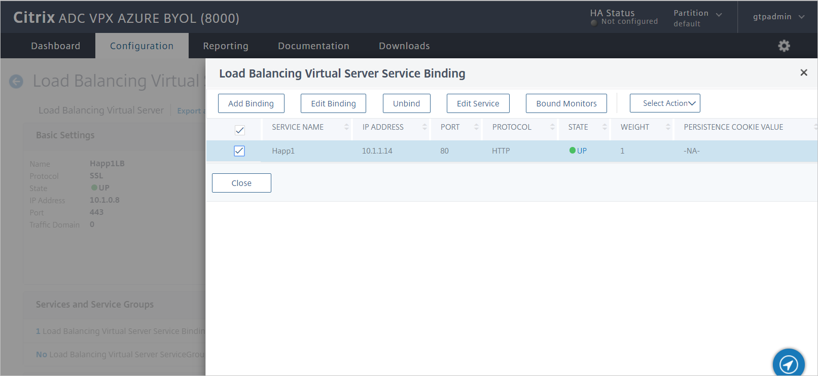 Screenshot der Citrix ADC SAML Connector for Microsoft Entra-Konfiguration: Überprüfen der Dienstbindung für den virtuellen Server.