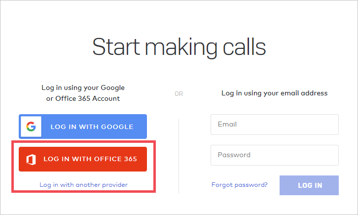 Screenshot der Seite „Start making calls“ (Anrufe beginnen) auf der Dialpad-Website. Die Schaltfläche „Log in with Office 365“ (Mit Office 365 anmelden) ist hervorgehoben.