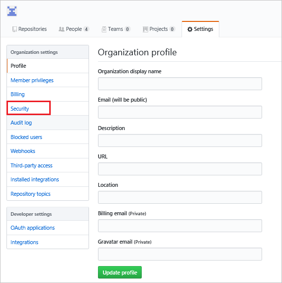 Screenshot: GitHub-Menü „Organization settings“ (Organisationseinstellungen) mit ausgewählter Option „Security“ (Sicherheit)