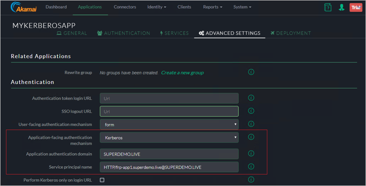 Screenshot der Registerkarte „Advanced Settings“ (Erweiterte Einstellungen) der Akamai EAA-Konsole für MYKERBOROSAPP mit Einstellungen für „Related Applications“ (Verwandte Anwendungen) und „Authentication“ (Authentifizierung).