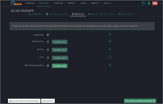 Screenshot der Registerkarte „Services“ (Dienste) der Akamai EAA-Konsole für SECRETRDPAPP mit der Schaltfläche „Save“ (Speichern) und der Schaltfläche zum Wechseln zu „Advanced Settings“ (Erweiterte Einstellungen) in der unteren rechten Ecke.