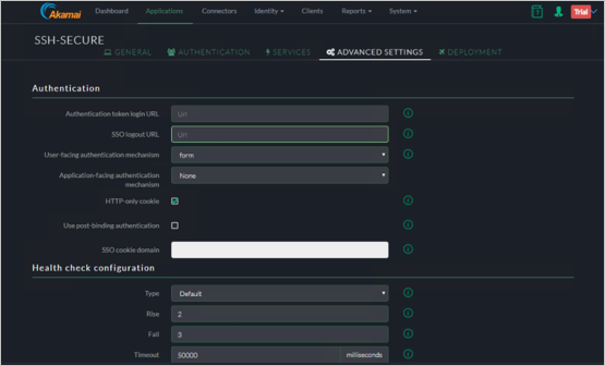 Screenshot der Registerkarte „Advanced Settings“ (Erweiterte Einstellungen) der Akamai EAA-Konsole für SSH-SECURE mit den Einstellungen für „Authentication“ (Authentifizierung) und die Konfiguration der Integritätsüberprüfung.