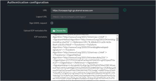 Screenshot der Authentifizierungskonfiguration der Akamai EAA-Konsole mit Einstellungen für „URL“, „Logout URL“ (Abmelde-URL), „Sign SAML Request“ (SAML-Anforderung signieren) und „IDP Metadata File“ (IDP-Metadatendatei).