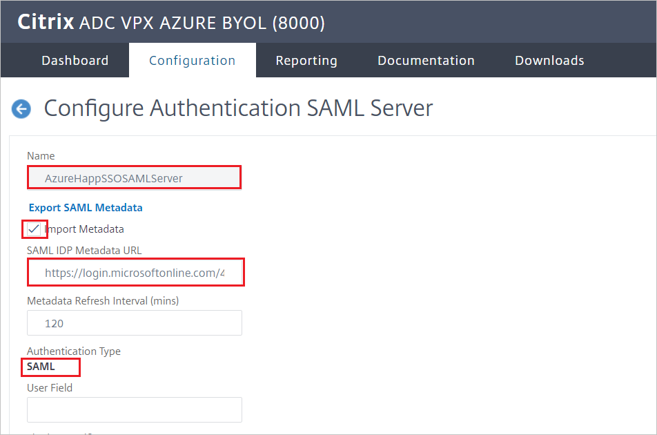 Citrix ADC-Konfiguration: Bereich „SAML-Authentifizierungsserver konfigurieren“